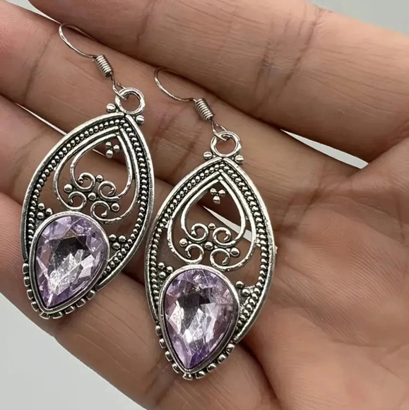 Ornate Filigree Silver Plated Dangle Earrings - Synthetic Stone - Picture 3 of 6